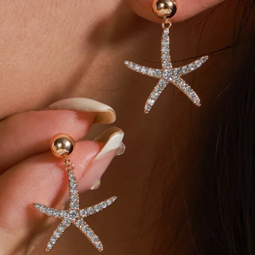 1 Pair XUPING Marine Style Beach Starfish Copper 18K Gold Plated Drop Earrings